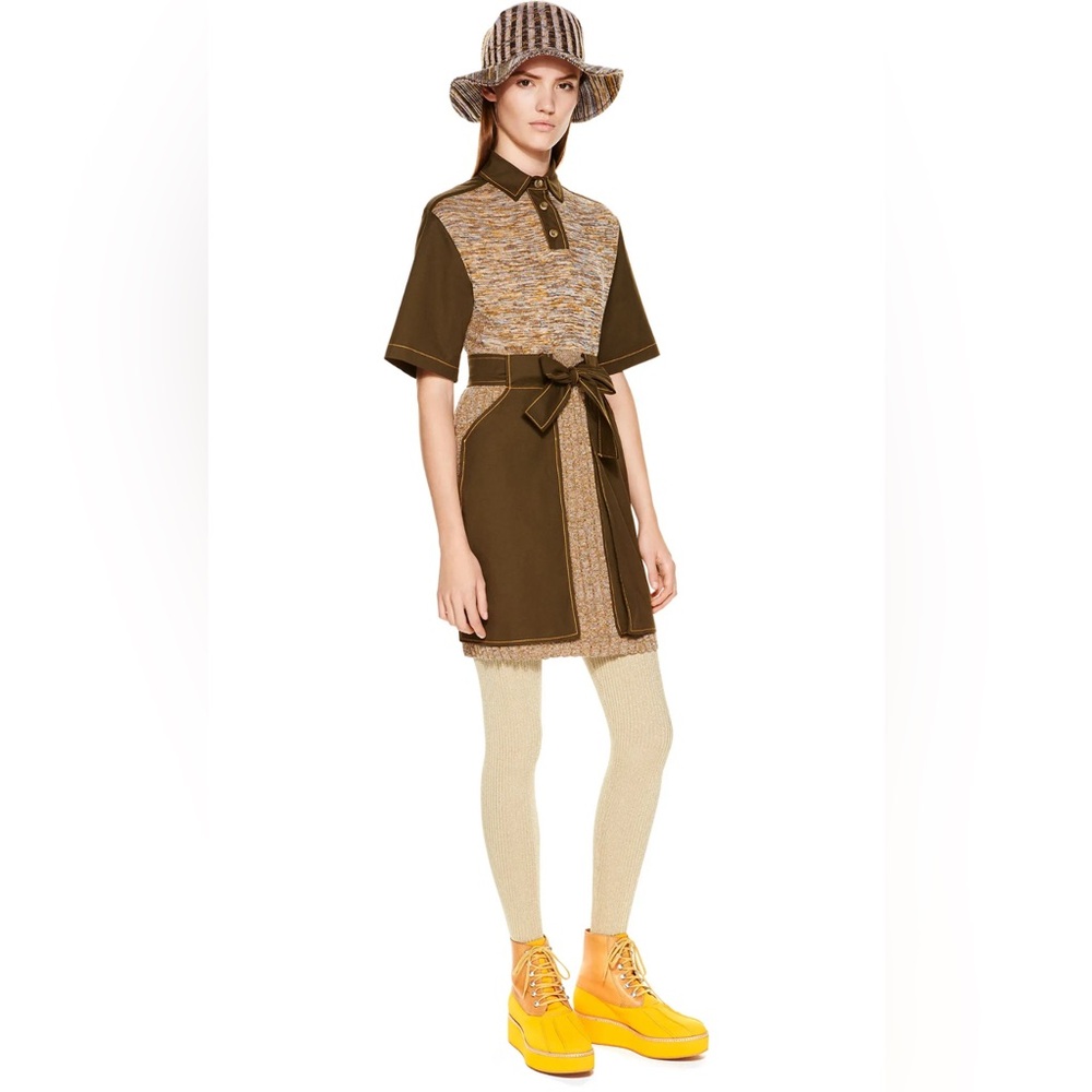 M MISSONI Knit Polo Dress Belted Wool Blend Short Sleeve Olive Brown